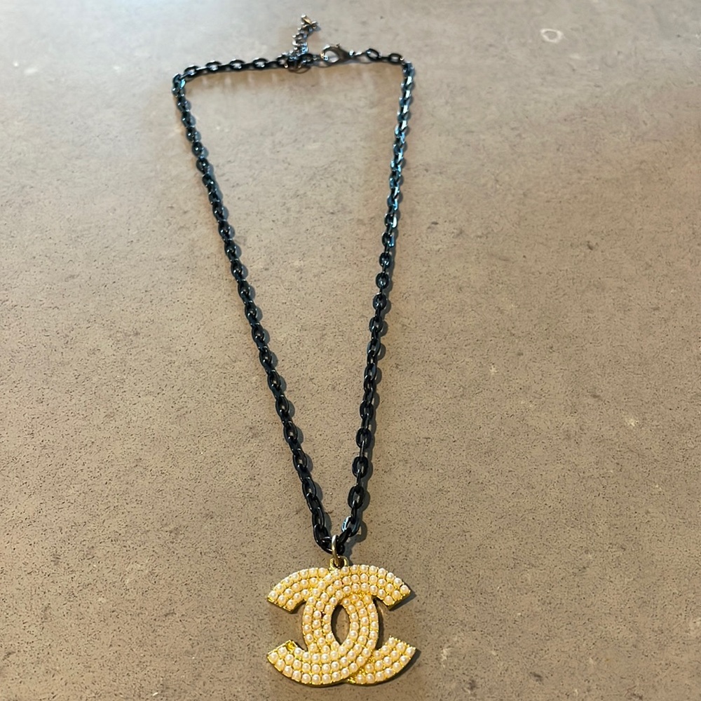 Gold and Pearl Necklace with Black Chain